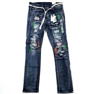 Rue21 Premium Men Jeans Distressed Patched Paint Splatter Blue 32x32